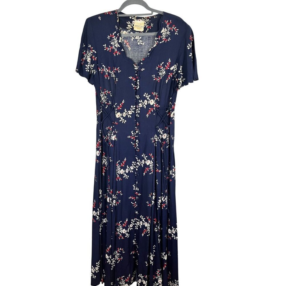 Retro Floral Midi Dressβ Blue Boho Western Prairie Indie Folk Cottagecore 80s
